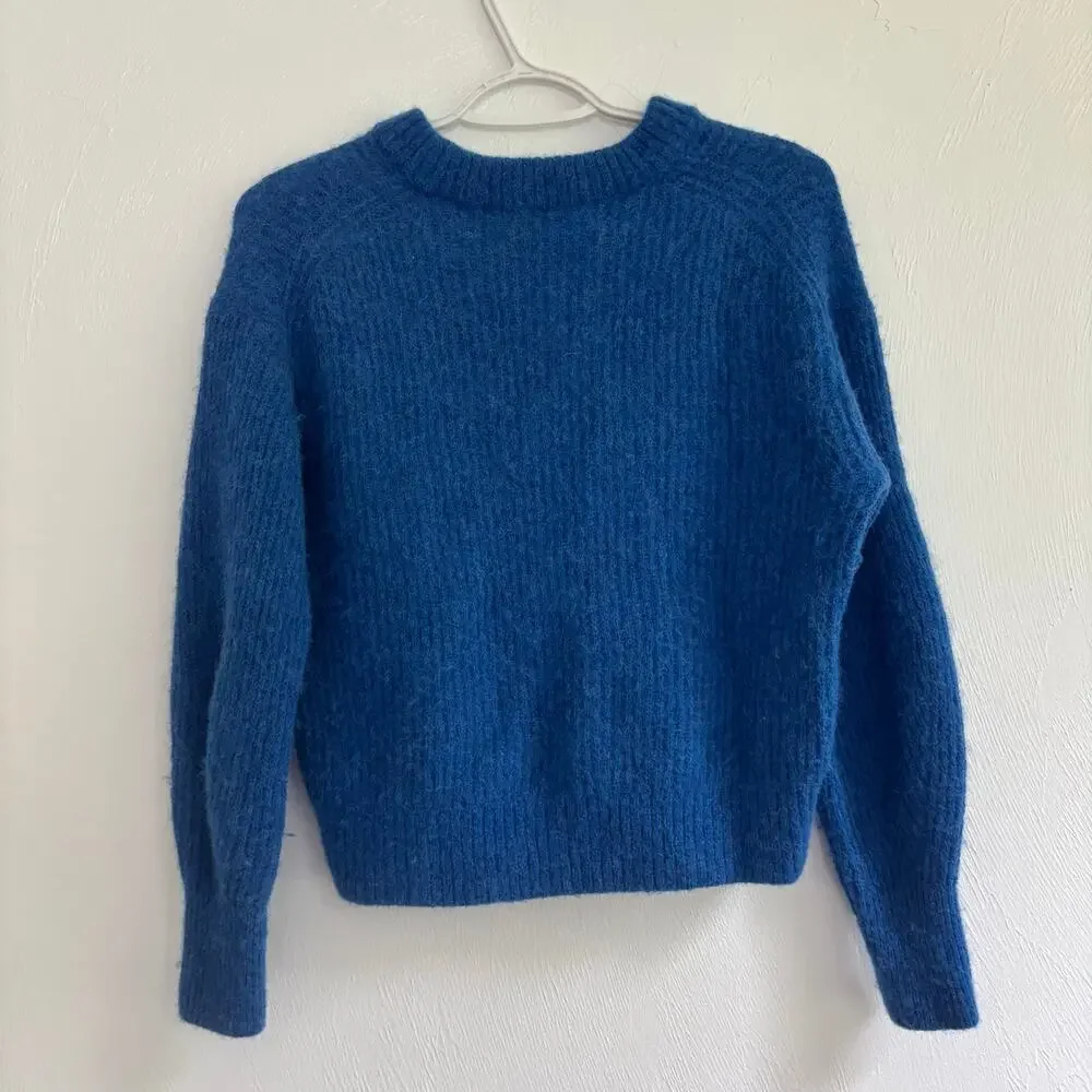 Everlane Alpaca Blend Crew Neck Sweater S Blue Fuzzy Knit Pullover Merino Wool